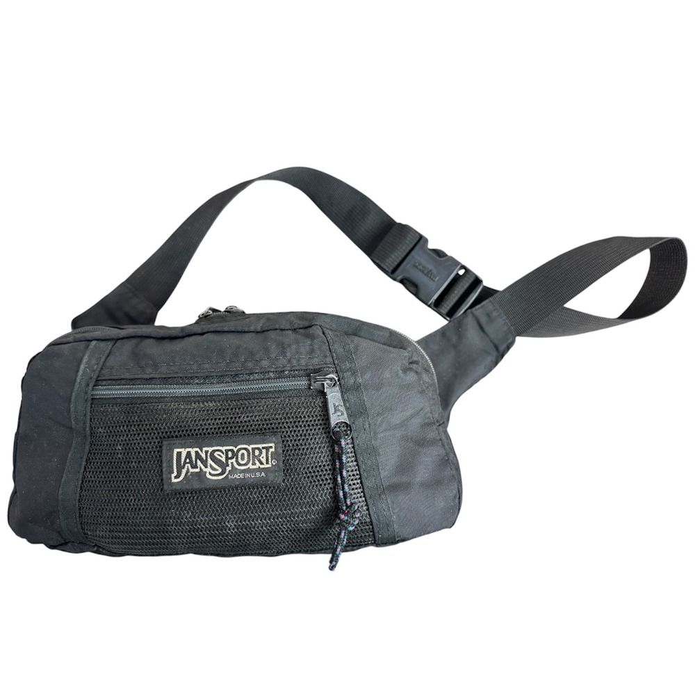 JanSport Vintage Fanny Pack Black Made in USA Mesh Pocket Waist Bag Crossbody‎